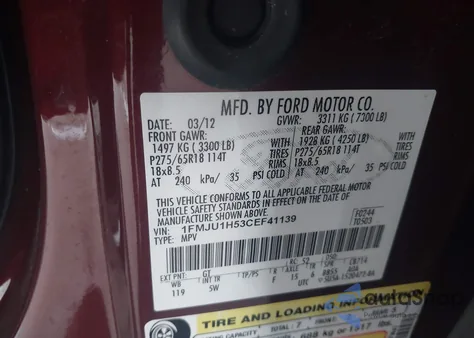 2012 Ford Expedition King Ranch из США, поврежденный, VIN 1FMJU1H53CEF41139